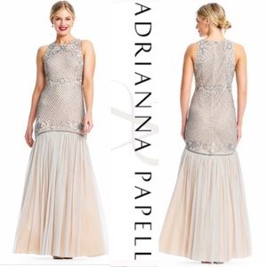 Adrianna Papell grid beaded trumpet sleeveless long gown